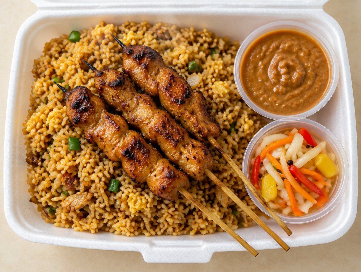 Bak met nasi, drie stokken saté, een bakje satésaus en een bakje zuurgoed