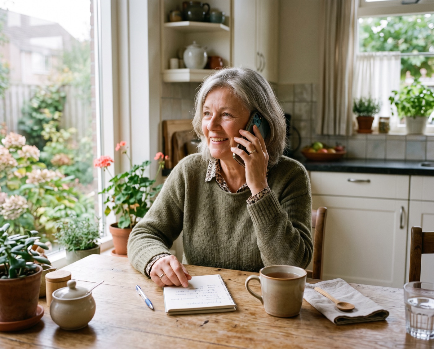 Een vrouw belt aan de keukentafel met de praktijk
