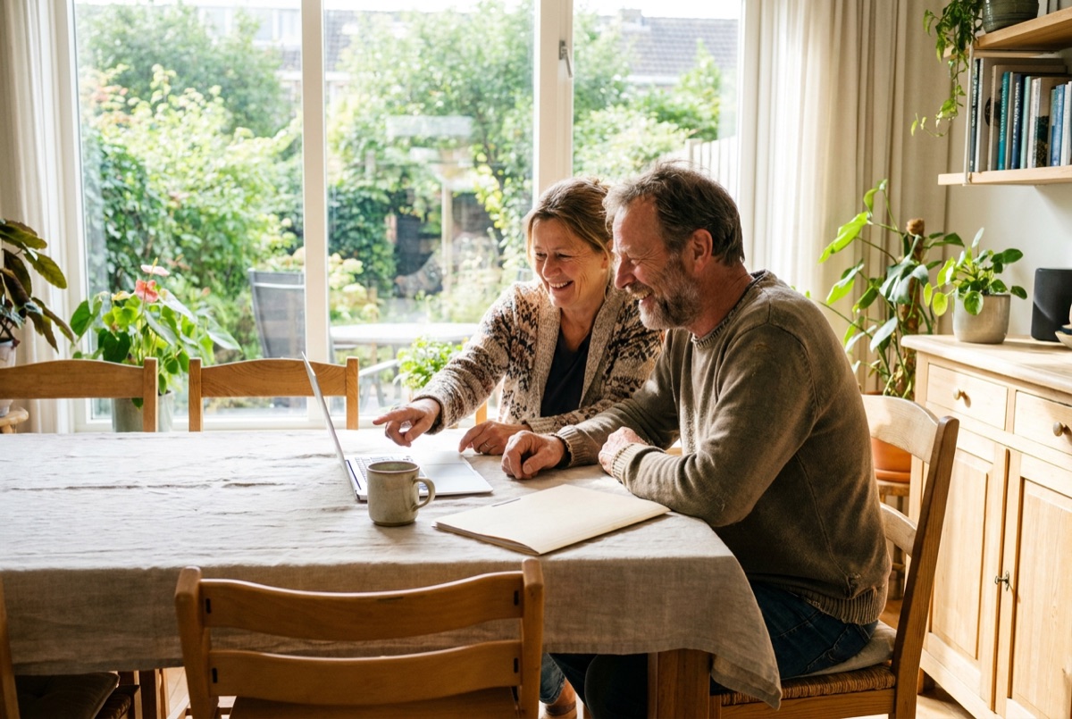 Een stel bekijkt aan de eettafel het nieuwe voorstel voor hun hypotheek