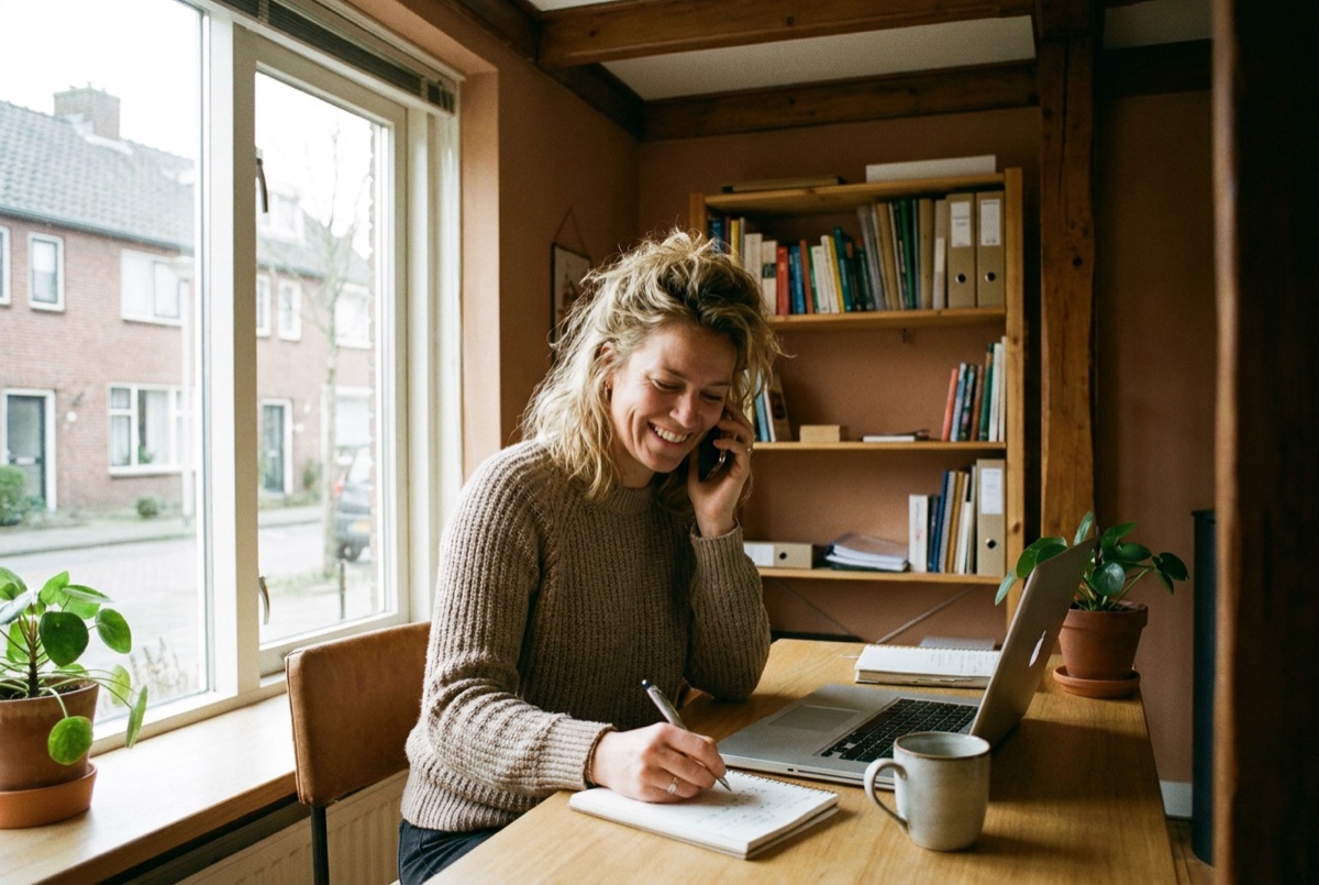 Een zzp’er belt lachend met een klant aan haar bureau thuis