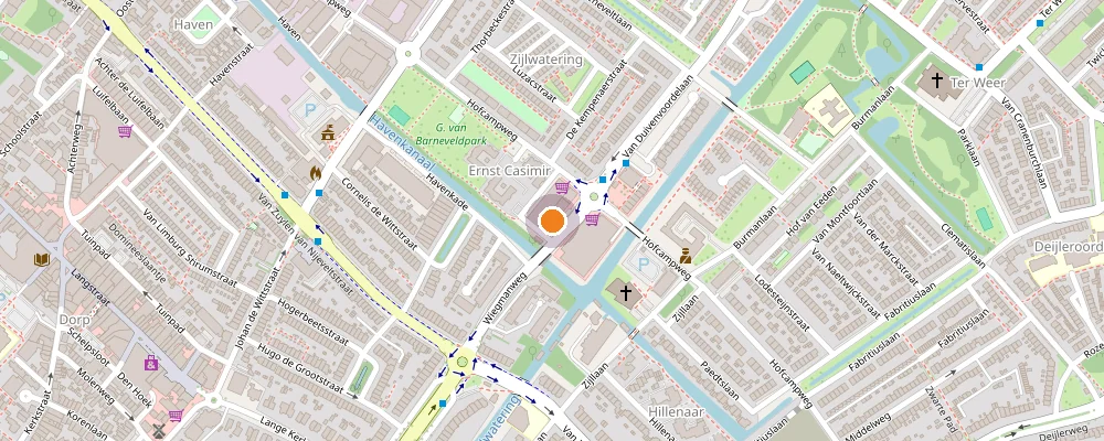Kaart van het Stadhoudersplein in Wassenaar met de winkel aangegeven