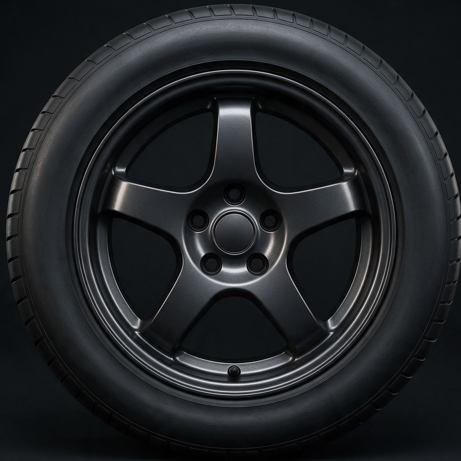 A tyre on an alloy wheel rolling across the page